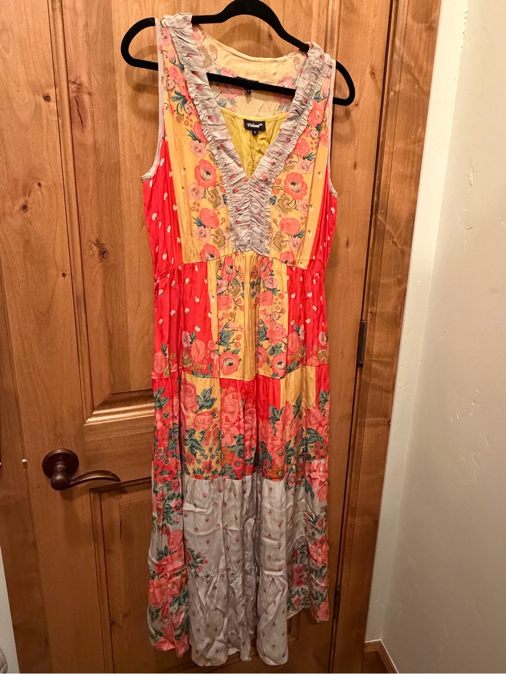 Tolani Coral and Yellow Floral Tiered Maxi Dress